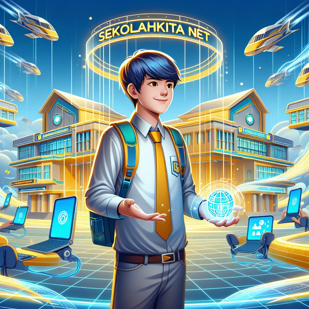 "Seorang siswa Indonesia dengan penuh antusias melakukan presensi digital di sekolah melalui aplikasi Sekolahkita.net. Latar belakang sekolah futuristik dipenuhi warna kuning dan biru yang memukau, menciptakan atmosfer pendidikan masa depan. Judul 'wordpress.sekolahkita.net' menonjol, memancarkan semangat untuk masa depan pendidikan yang cerah."